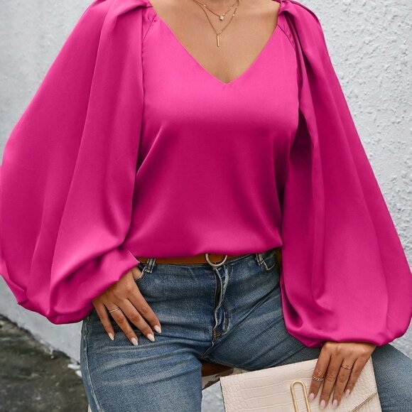 Pink Casual Womens Lantern Sleeve Solid Blouse - Picture 5 of 7